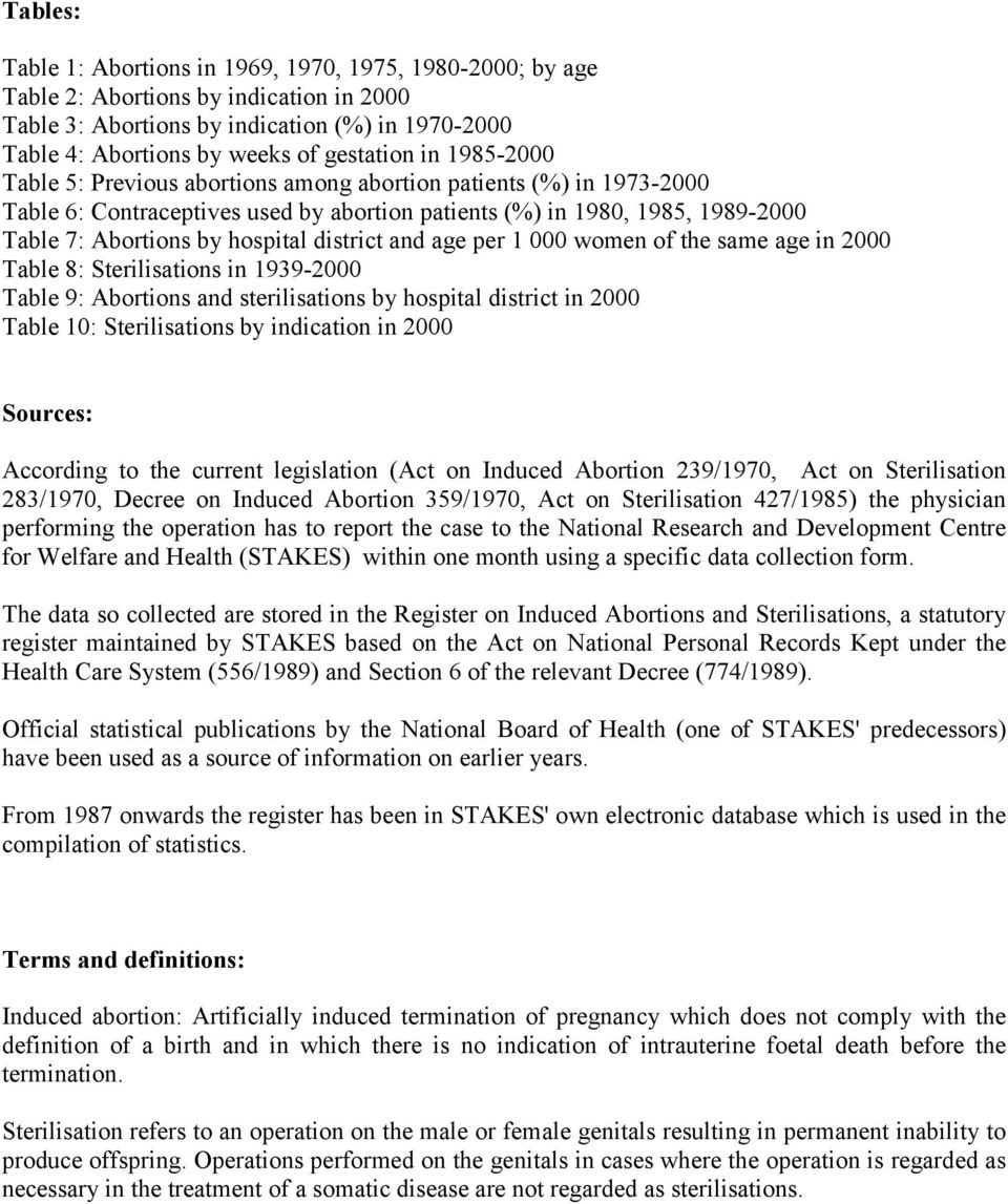 district and age per 1 000 women of the same age in 2000 Table 8: Sterilisations in 1939-2000 Table 9: Abortions and sterilisations by hospital district in 2000 Table 10: Sterilisations by indication