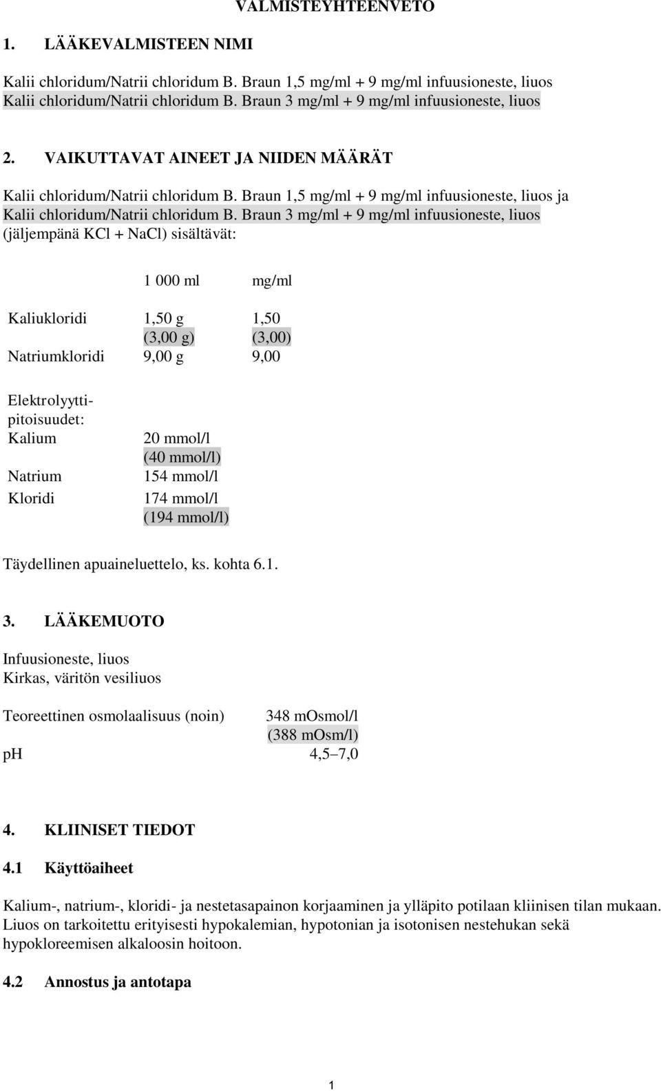 Braun 1,5 mg/ml + 9 mg/ml infuusioneste, liuos ja Kalii chloridum/natrii chloridum B.