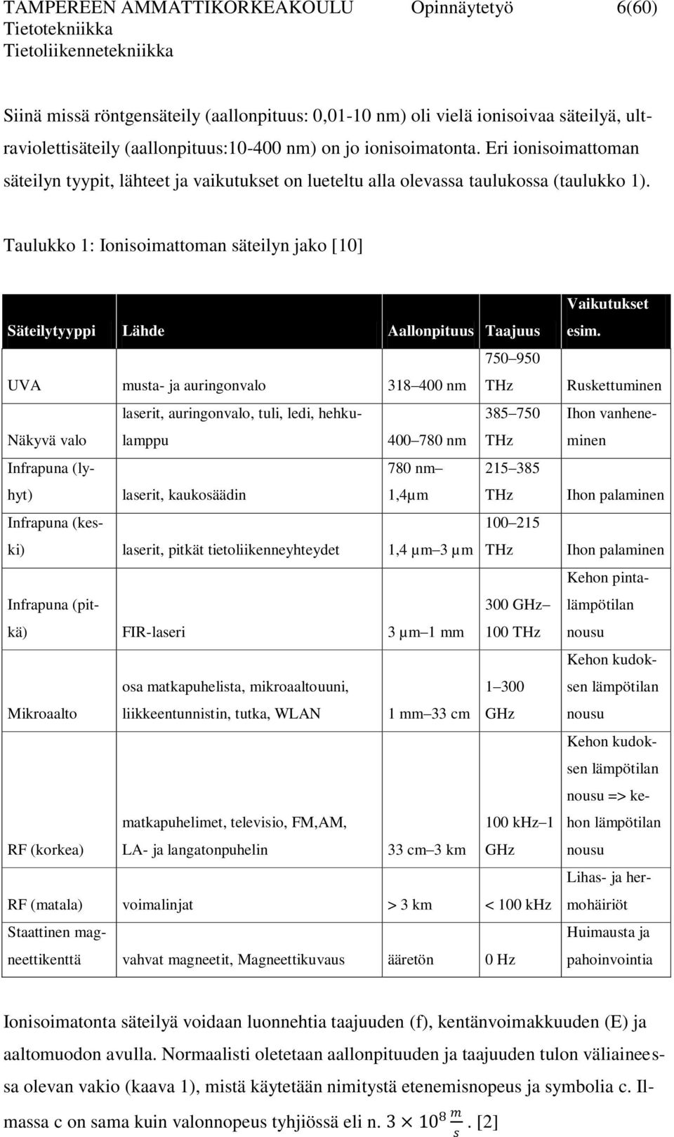 Taulukko 1: Ionisoimattoman säteilyn jako [10] Säteilytyyppi Lähde Aallonpituus Taajuus 750 950 UVA musta- ja auringonvalo 318 400 nm THz laserit, auringonvalo, tuli, ledi, hehkulamppu 385 750 Näkyvä