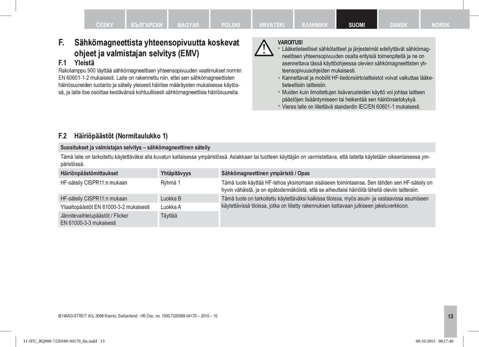 Laite on rakennettu niin, ettei sen sähkömagneettisten häiriösuureiden tuotanto ja säteily yleisesti häiritse määräysten mukaisessa käytössä, ja laite itse osoittaa kestävänsä kohtuullisesti