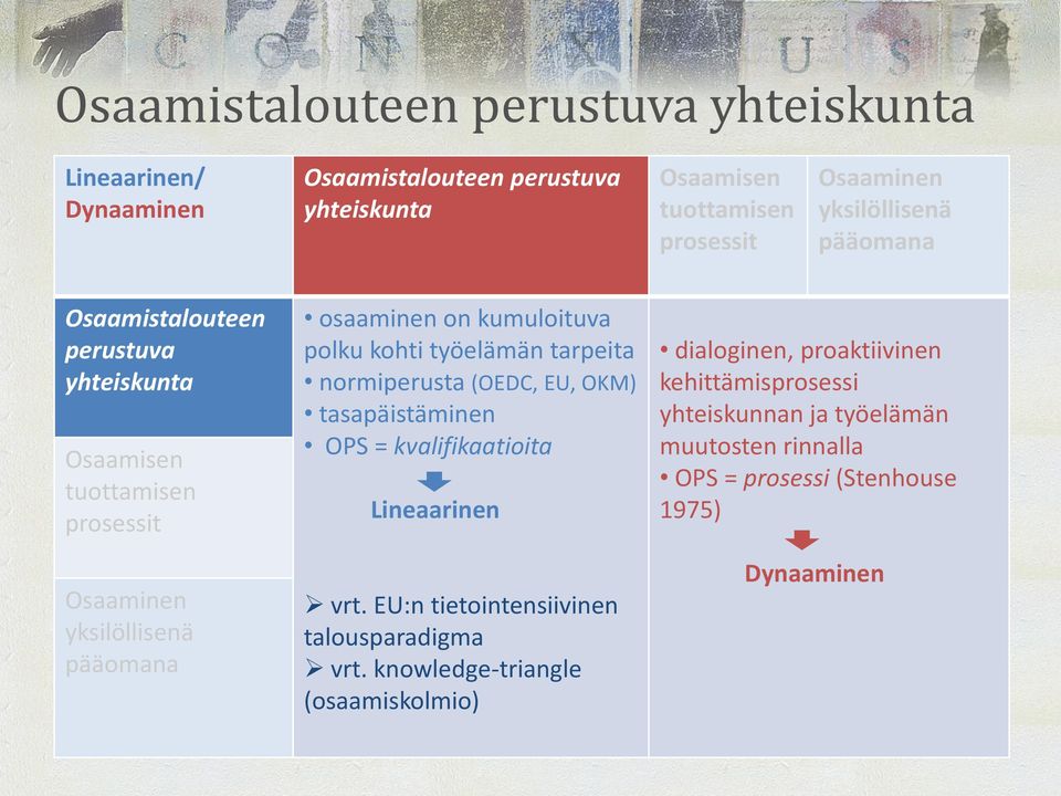 polku kohti työelämän tarpeita normiperusta (OEDC, EU, OKM) tasapäistäminen OPS = kvalifikaatioita Lineaarinen vrt.