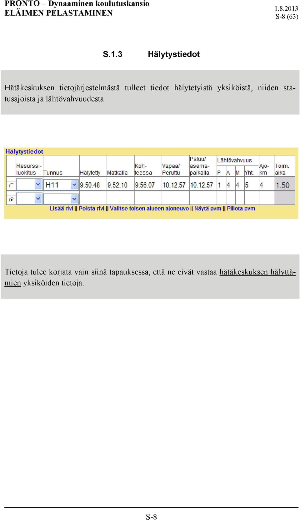 hälytetyistä yksiköistä, niiden statusajoista ja