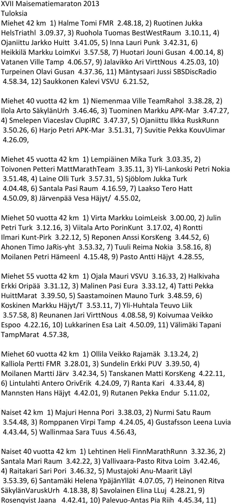 36, 11) Mäntysaari Jussi SBSDiscRadio 4.58.34, 12) Saukkonen Kalevi VSVU 6.21.52, Miehet 40 vuotta 42 km 1) Niemenmaa Ville TeamRahol 3.38.28, 2) Ilola Arto SäkylänUrh 3.46.