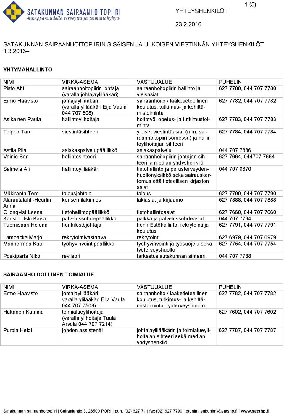 Haavisto johtajaylilääkäri sairaanhoito / lääketieteellinen 627 7782, 044 707 7782 (varalla ylilääkäri Eija Vaula 044 707 508) koulutus, tutkimus- ja kehittämistoiminta Asikainen Paula