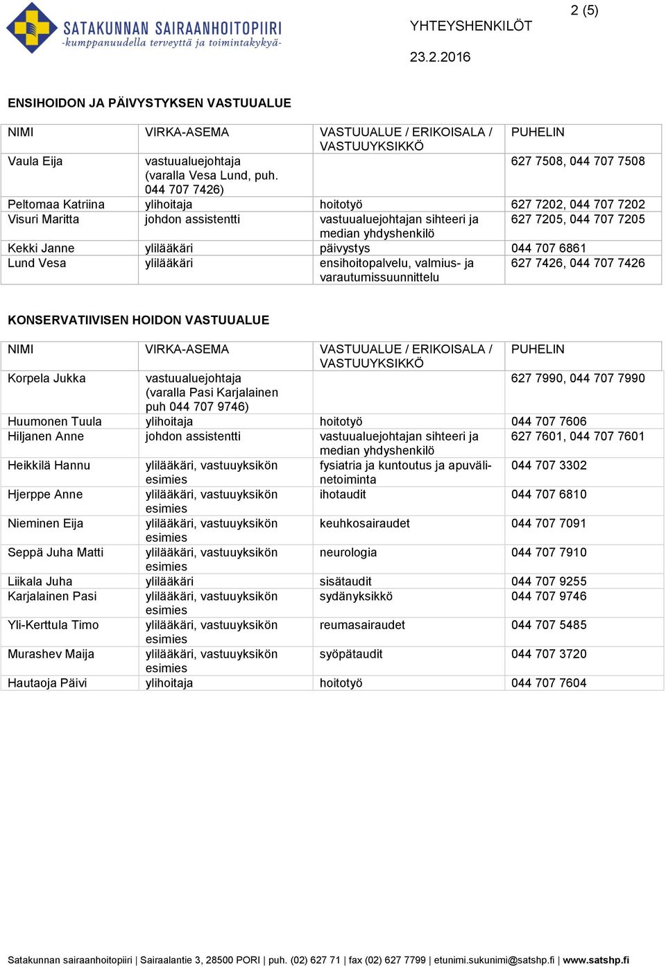 Vesa ylilääkäri ensihoitopalvelu, valmius- ja varautumissuunnittelu 627 7426, 044 707 7426 KONSERVATIIVISEN HOIDON VASTUUALUE Korpela Jukka 627 7990, 044 707 7990 (varalla Pasi Karjalainen puh 044