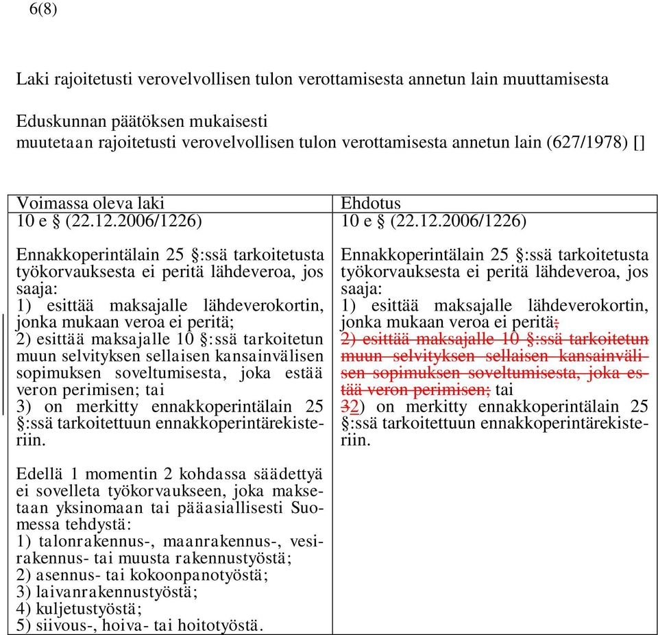 2006/1226) Ennakkoperintälain 25 :ssä tarkoitetusta työkorvauksesta ei peritä lähdeveroa, jos saaja: 1) esittää maksajalle lähdeverokortin, jonka mukaan veroa ei peritä; 2) esittää maksajalle 10 :ssä