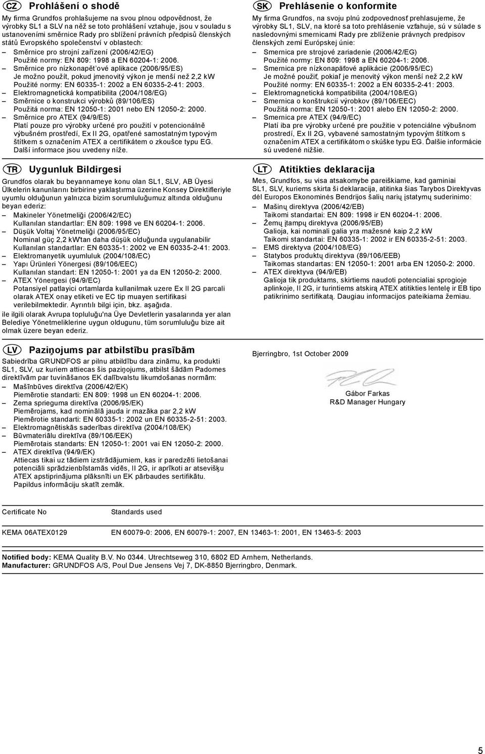 Směrnice pro nízkonapět ové aplikace (2006/95/ES) Je možno použít, pokud jmenovitý výkon je menší než 2,2 kw Použité normy: EN 60335-1: 2002 a EN 60335-2-41: 2003.