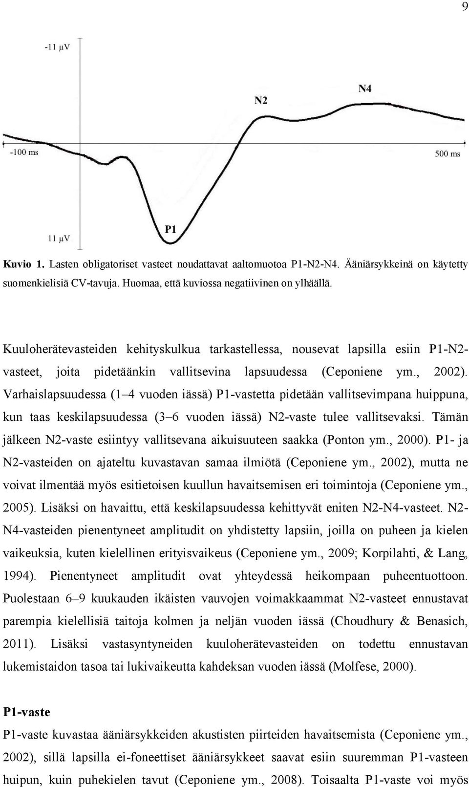 Varhaislapsuudessa (1 4 vuoden iässä) P1-vastetta pidetään vallitsevimpana huippuna, kun taas keskilapsuudessa (3 6 vuoden iässä) N2-vaste tulee vallitsevaksi.