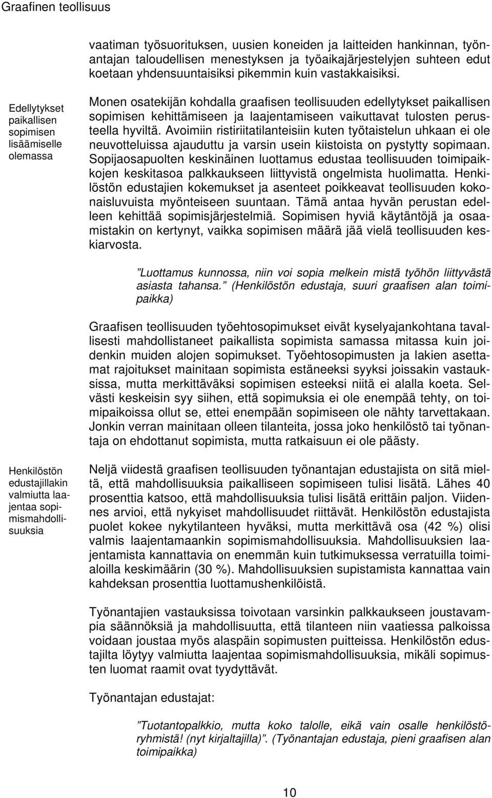 Edellytykset paikallisen sopimisen lisäämiselle olemassa Monen osatekijän kohdalla graafisen teollisuuden edellytykset paikallisen sopimisen kehittämiseen ja laajentamiseen vaikuttavat tulosten