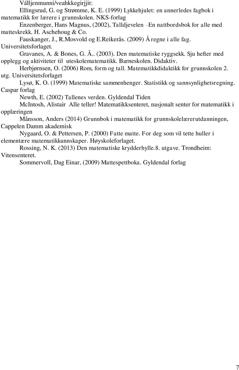 Universitetsforlaget. Gravanes, A. & Bones, G. Å.. (2003). Den matematiske ryggsekk. Sju hefter med opplegg og aktiviteter til uteskolematematikk. Barneskolen. Didaktiv. Herbjørnsen, O.