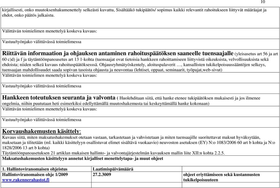 hankkeen rahoittamiseen liittyvistä oikeuksista, velvollisuuksista sekä ehdoista; niiden selkeä kuvaus rahoituspäätöksesssä.