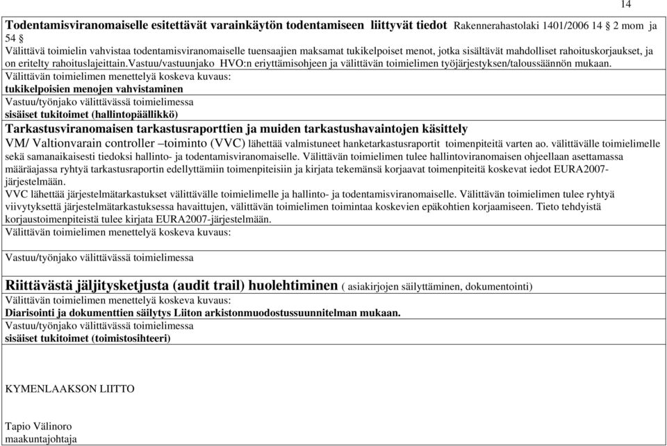 vastuu/vastuunjako HVO:n eriyttämisohjeen ja välittävän toimielimen työjärjestyksen/taloussäännön mukaan.