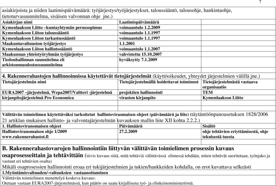 1.1997 Maakuntavaltuuston työjärjestys 1.1.2001 Kymenlaakson Liiton hallintosääntö voimaantulo 1.1.2007 Maakunnan yhteistyöryhmän työjärjestys vahvistettu 15.10.