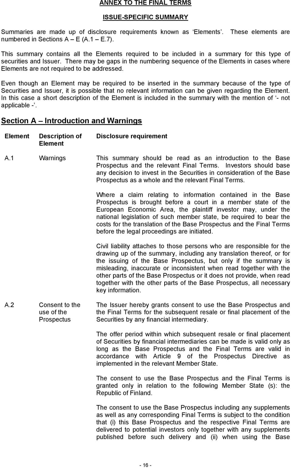 There may be gaps in the numbering sequence of the Elements in cases where Elements are not required to be addressed.