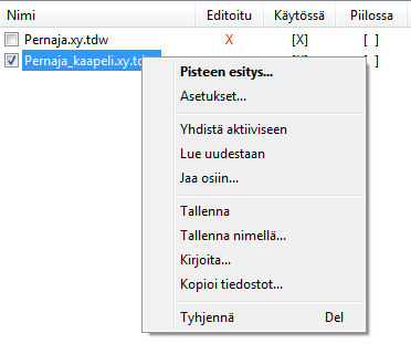Aseta tiedoston Pernaja.xy Piilossa-rasti päälle, jolloin ohjelma piilottaa Pernaja.xy-aineiston ja jättää ruudulle vain kaapelit. Kun tiedosto on piilossa, se ei ole myöskään käytössä.
