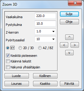 3D-zoom Kuvaa voi katsella myös kolmiulotteisesti toiminnolla Zoomaus 3D (Alt-Ins). Pelkkä Insert (Ins) vaihtaa suoraan 3D-näkymän ja XY-näkymän välillä.