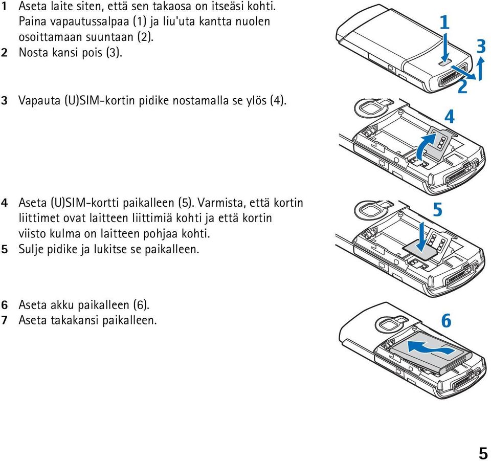 3 Vapauta (U)SIM-kortin pidike nostamalla se ylös (4). 4 Aseta (U)SIM-kortti paikalleen (5).