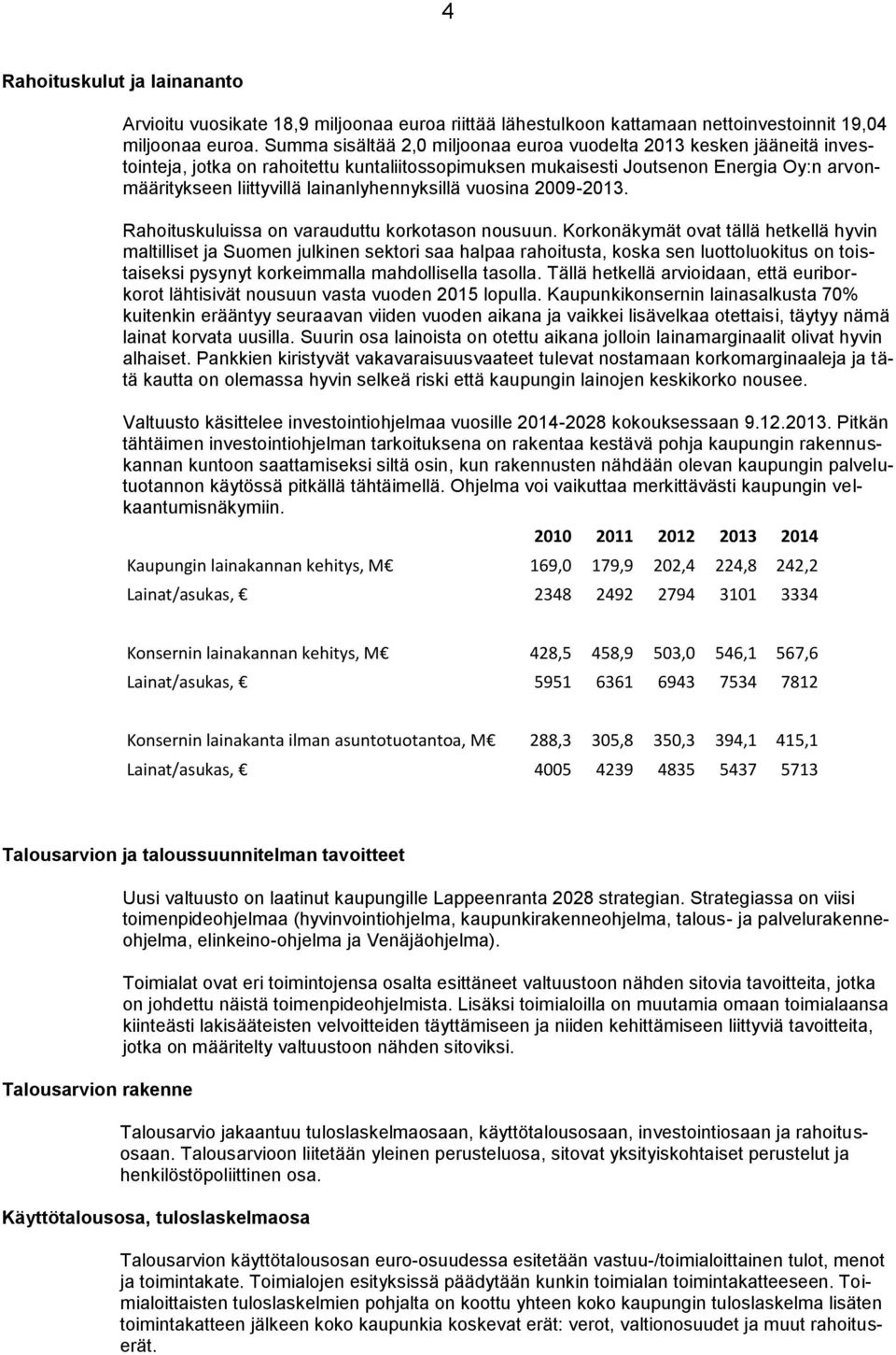 lainanlyhennyksillä vuosina 2009-2013. Rahoituskuluissa on varauduttu korkotason nousuun.