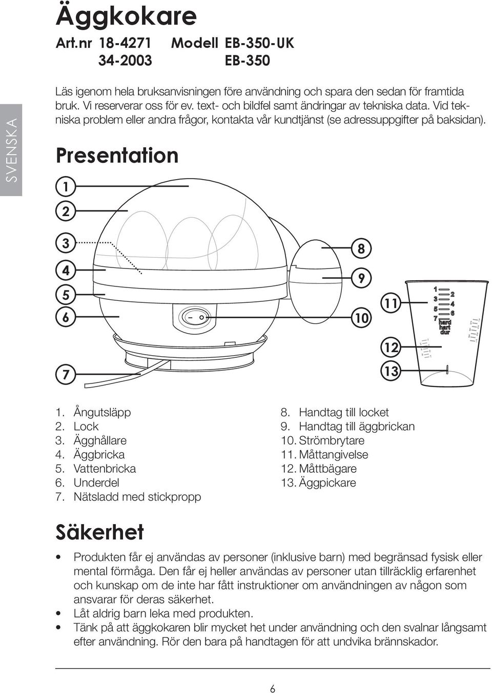 Ångutsläpp 2. Lock 3. Ägghållare 4. Äggbricka 5. Vattenbricka 6. Underdel 7. Nätsladd med stickpropp 8. Handtag till locket 9. Handtag till äggbrickan 10. Strömbrytare 11. Måttangivelse 12.