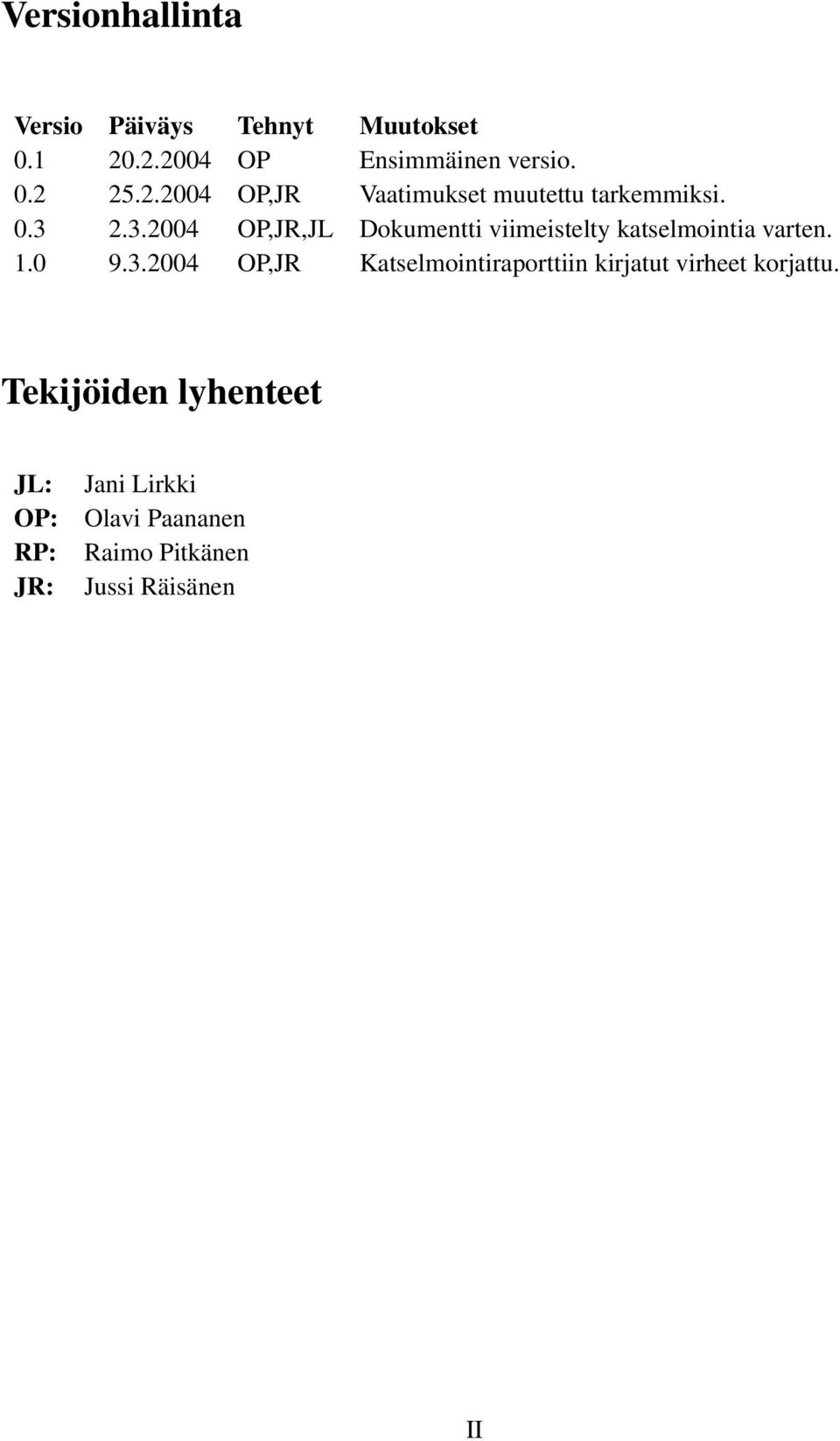 2.3.2004 OP,JR,JL Dokumentti viimeistelty katselmointia varten. 1.0 9.3.2004 OP,JR Katselmointiraporttiin kirjatut virheet korjattu.