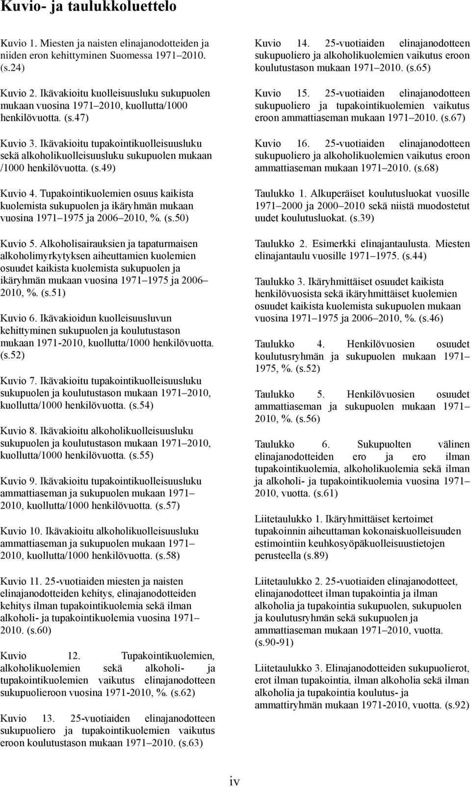 Ikävakioitu tupakointikuolleisuusluku sekä alkoholikuolleisuusluku sukupuolen mukaan /1000 henkilövuotta. (s.49) Kuvio 4.