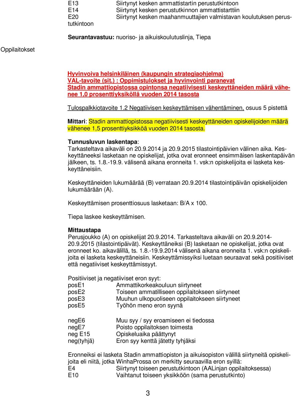 ) : Oppimistulokset ja hyvinvointi paranevat Stadin ammattiopistossa opintonsa negatiivisesti keskeyttäneiden määrä vähenee 1,0 prosenttiyksiköllä vuoden 2014 tasosta Tulospalkkiotavoite 1.