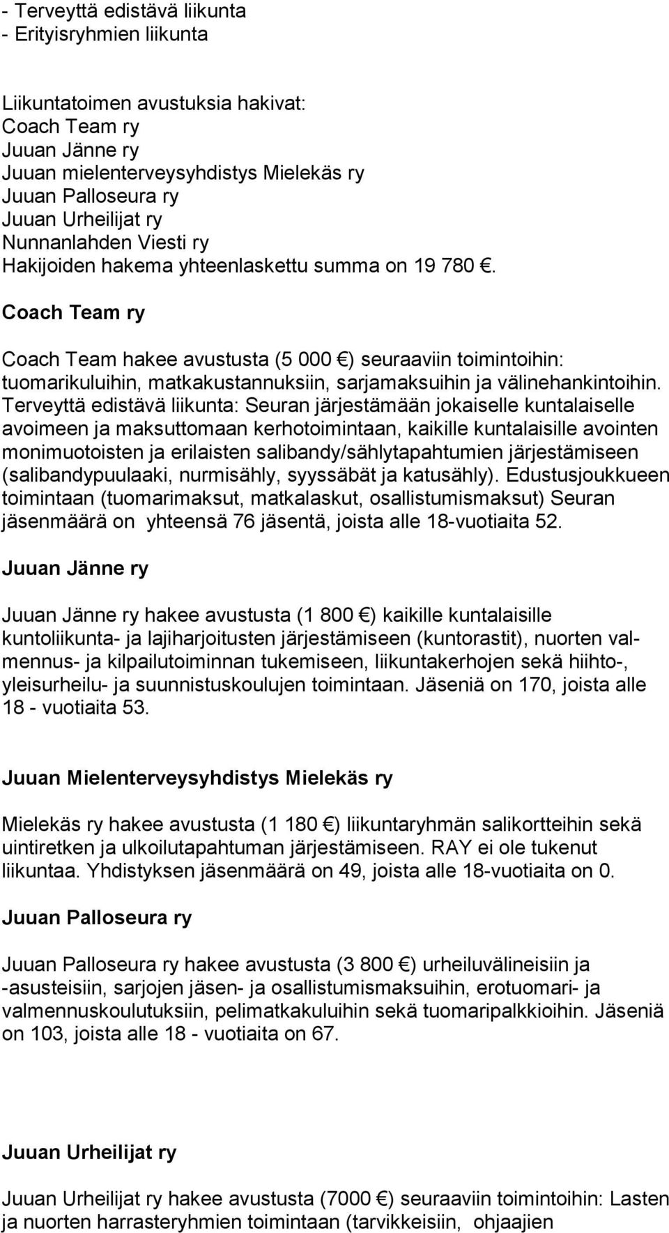 Coach Team ry Coach Team hakee avustusta (5 000 ) seuraaviin toimintoihin: tuomarikuluihin, matkakustannuksiin, sarjamaksuihin ja välinehankintoihin.