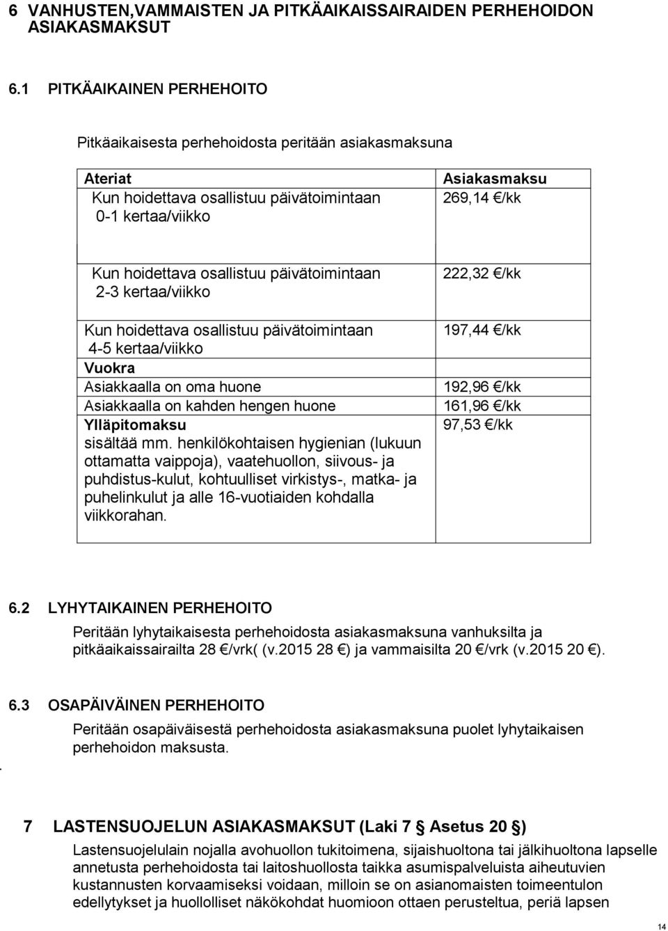 päivätoimintaan 2-3 kertaa/viikko Kun hoidettava osallistuu päivätoimintaan 4-5 kertaa/viikko Vuokra Asiakkaalla on oma huone Asiakkaalla on kahden hengen huone Ylläpitomaksu sisältää mm.