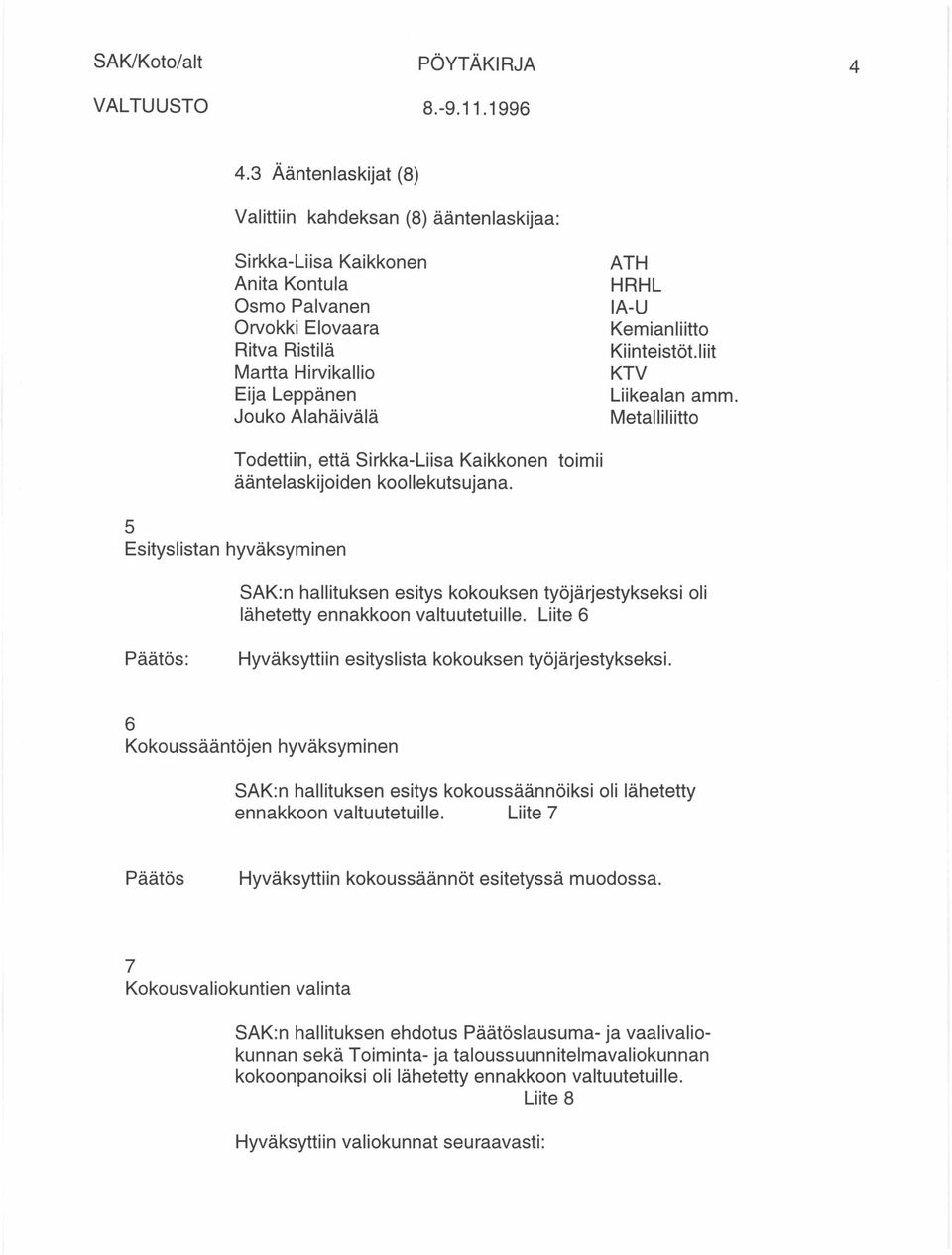 HRHL IA-U Kemianliitto Kiinteistöt.liit KTV Liikealan amm. Metalliliitto Todettiin, että Sirkka-Liisa Kaikkonen toimii ääntelaskijoiden koollekutsujana.