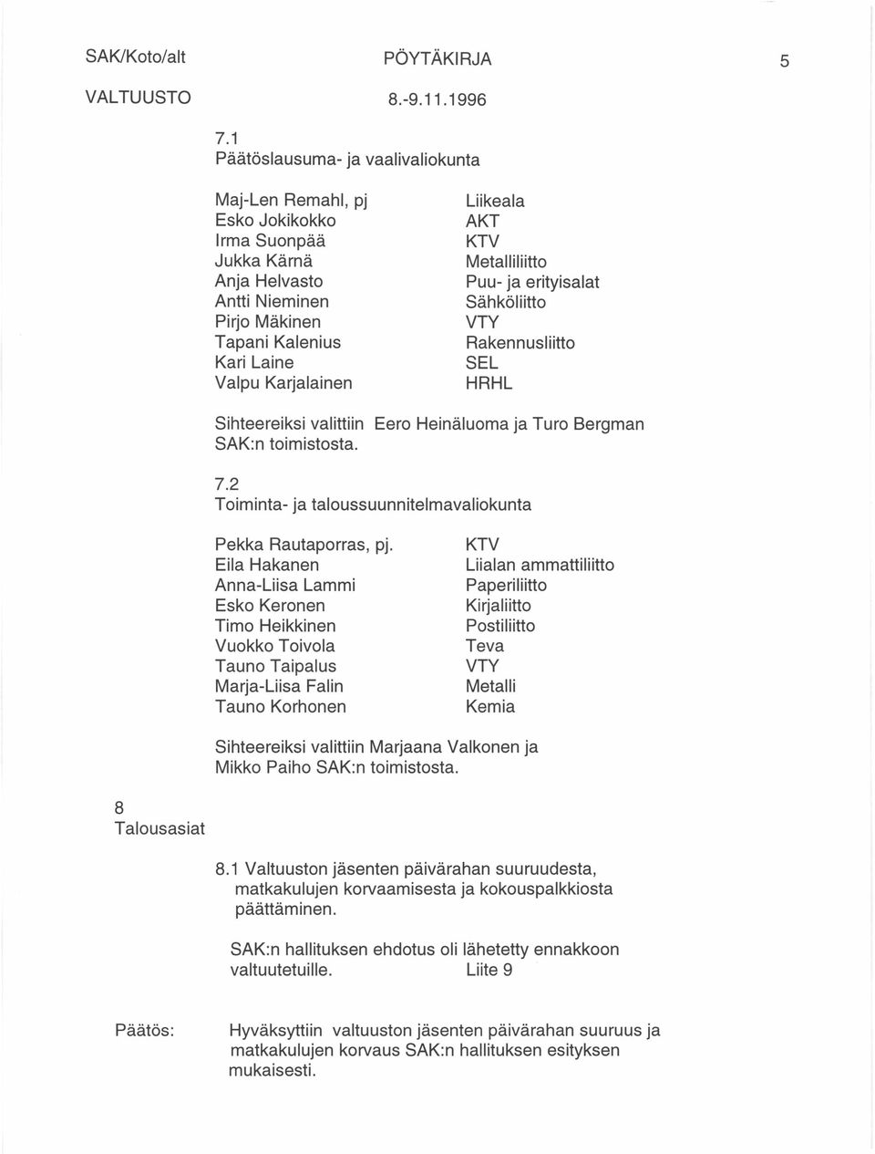 Metalliliitto Puu- ja erityisalat Sähköliitto VTY Rakennusliitto SEL HRHL Sihteereiksi valittiin Eero Heinäluoma ja Turo Bergman SAK:n toimistosta. 7.