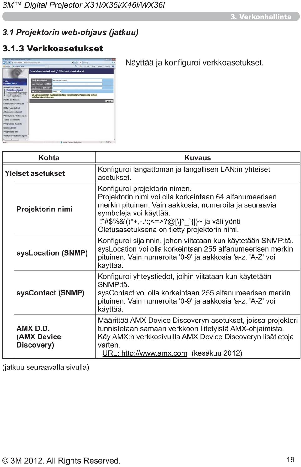 3 Verkkoasetukset Kohta Yleiset asetukset Projektorin nimi syslocation (SNMP)