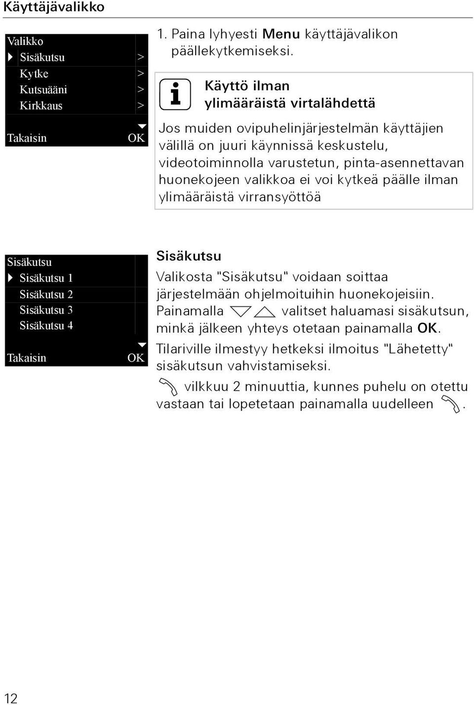 voi kytkeä päälle ilman ylimääräistä virransyöttöä Sisäkutsu Sisäkutsu 1 Sisäkutsu 2 Sisäkutsu 3 Sisäkutsu 4 Takaisin Sisäkutsu Valikosta "Sisäkutsu" voidaan soittaa järjestelmään ohjelmoituihin