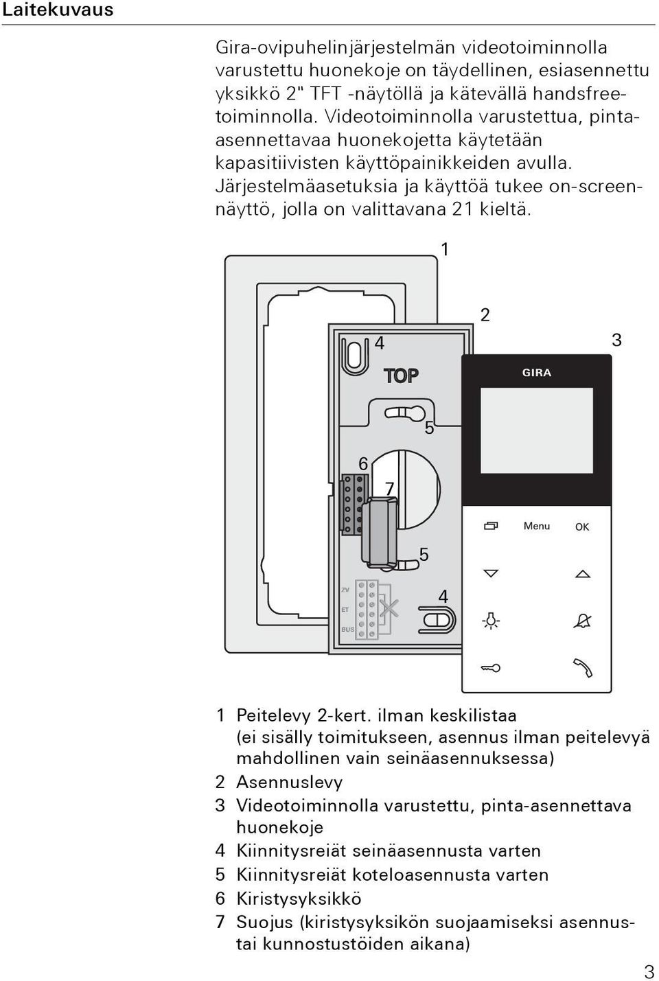 Järjestelmäasetuksia ja käyttöä tukee on-screennäyttö, jolla on valittavana 21 kieltä. 1 4 2 3 5 6 7 5 ZV ET 4 BUS 1 Peitelevy 2-kert.