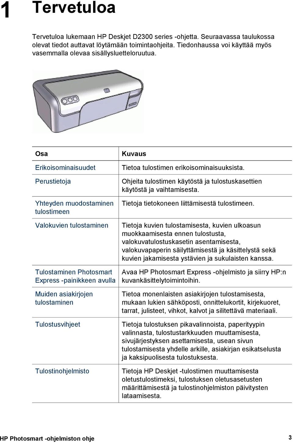 Osa Erikoisominaisuudet Perustietoja Yhteyden muodostaminen tulostimeen Valokuvien tulostaminen Tulostaminen Photosmart Express -painikkeen avulla Muiden asiakirjojen tulostaminen Tulostusvihjeet