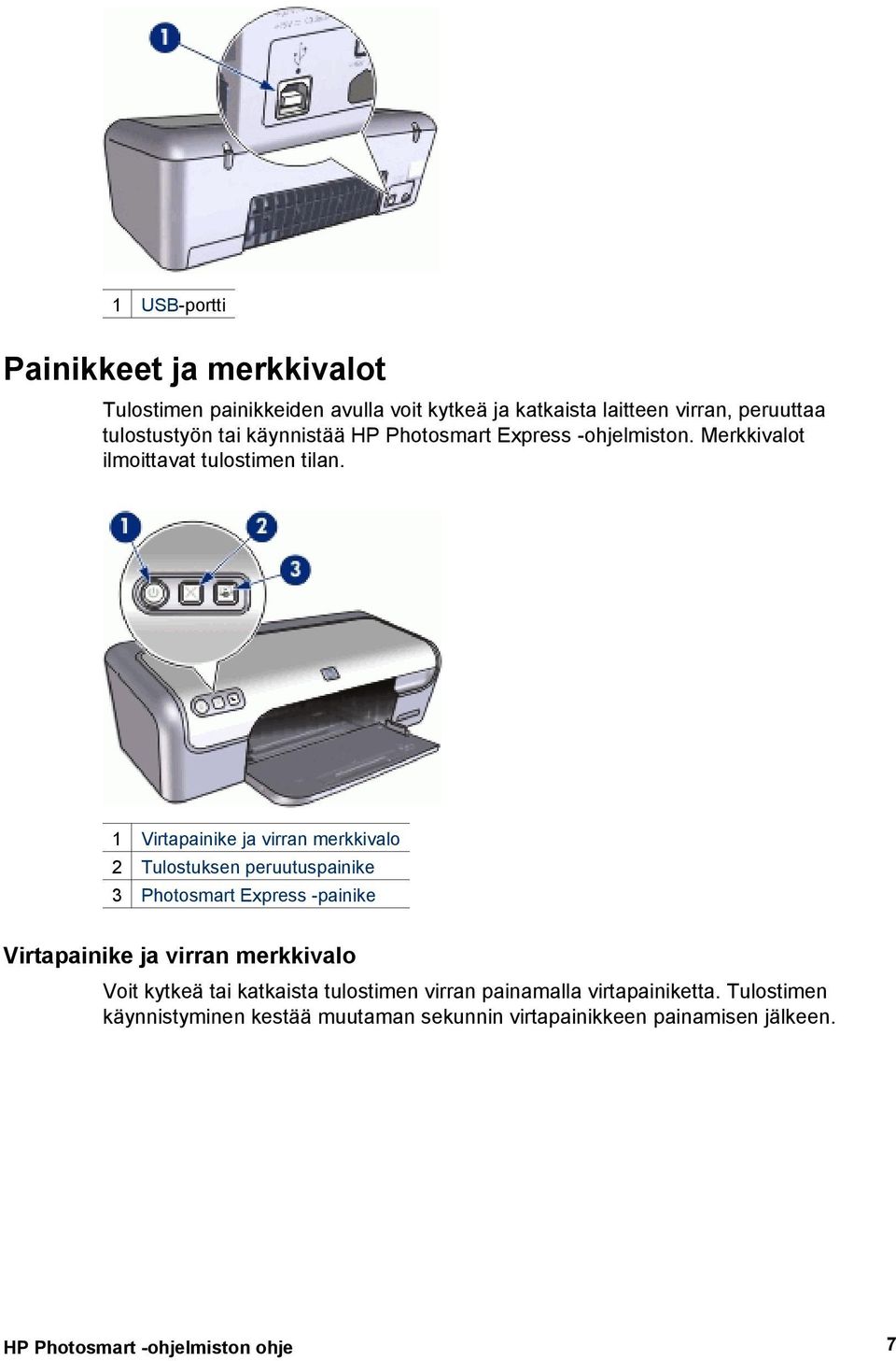 1 Virtapainike ja virran merkkivalo 2 Tulostuksen peruutuspainike 3 Photosmart Express -painike Virtapainike ja virran merkkivalo Voit