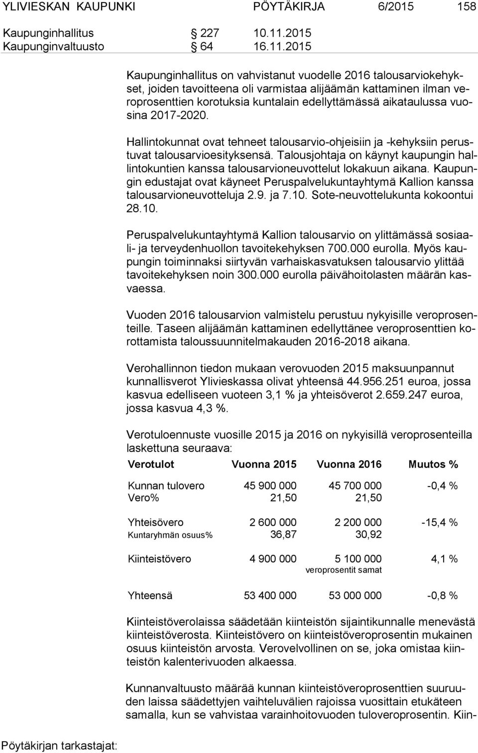 2015 Kaupunginhallitus on vahvistanut vuodelle 2016 ta lousarviokehykset, joiden tavoitteena oli varmistaa alijäämän kattaminen ilman vero pro sent tien korotuksia kuntalain edellyttämässä