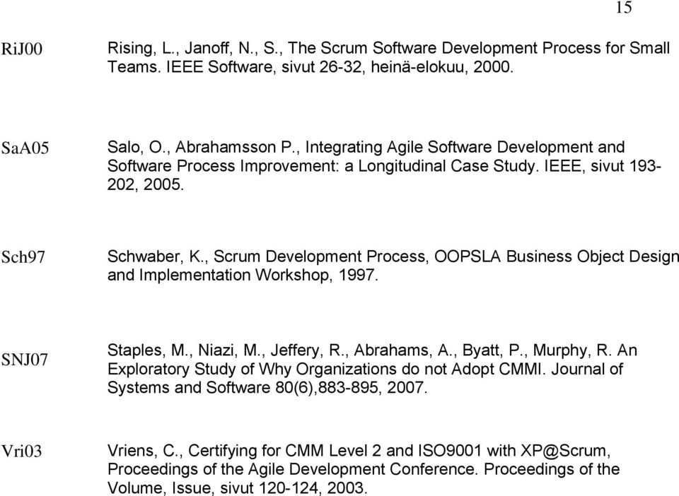 , Scrum Development Process, OOPSLA Business Object Design and Implementation Workshop, 1997. SNJ07 Staples, M., Niazi, M., Jeffery, R., Abrahams, A., Byatt, P., Murphy, R.