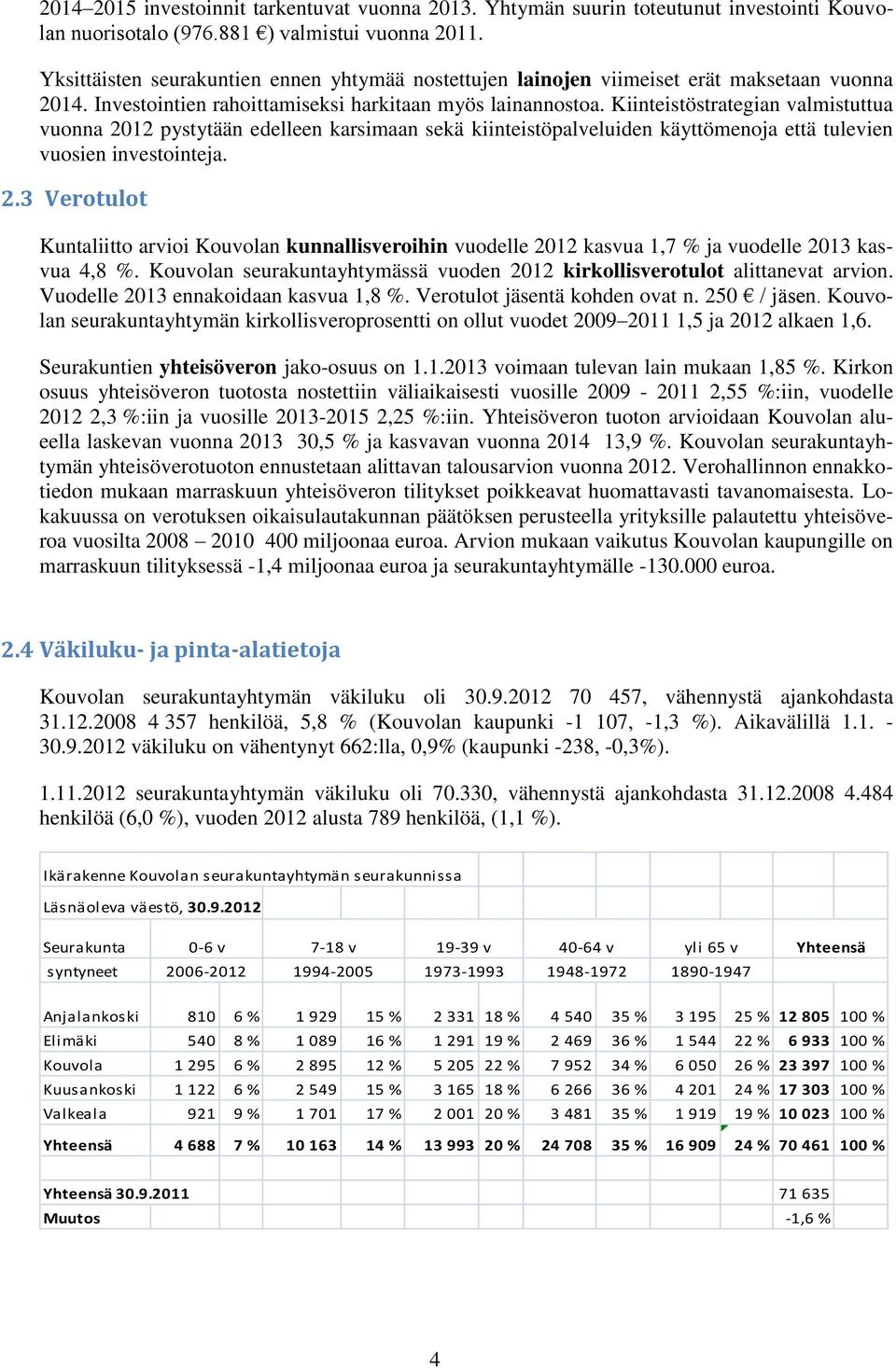 Kiinteistöstrategian valmistuttua vuonna 2012 pystytään edelleen karsimaan sekä kiinteistöpalveluiden käyttömenoja että tulevien vuosien investointeja. 2.3 Verotulot Kuntaliitto arvioi Kouvolan kunnallisveroihin vuodelle 2012 kasvua 1,7 % ja vuodelle 2013 kasvua 4,8 %.