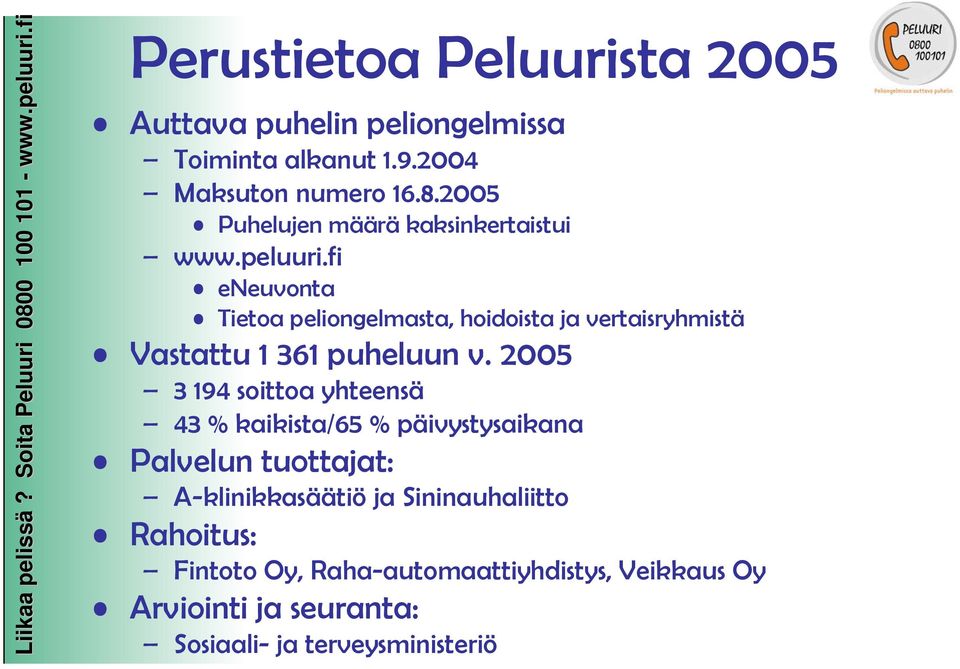 fi eneuvonta Tietoa peliongelmasta, hoidoista ja vertaisryhmistä Vastattu 1 361 puheluun v.