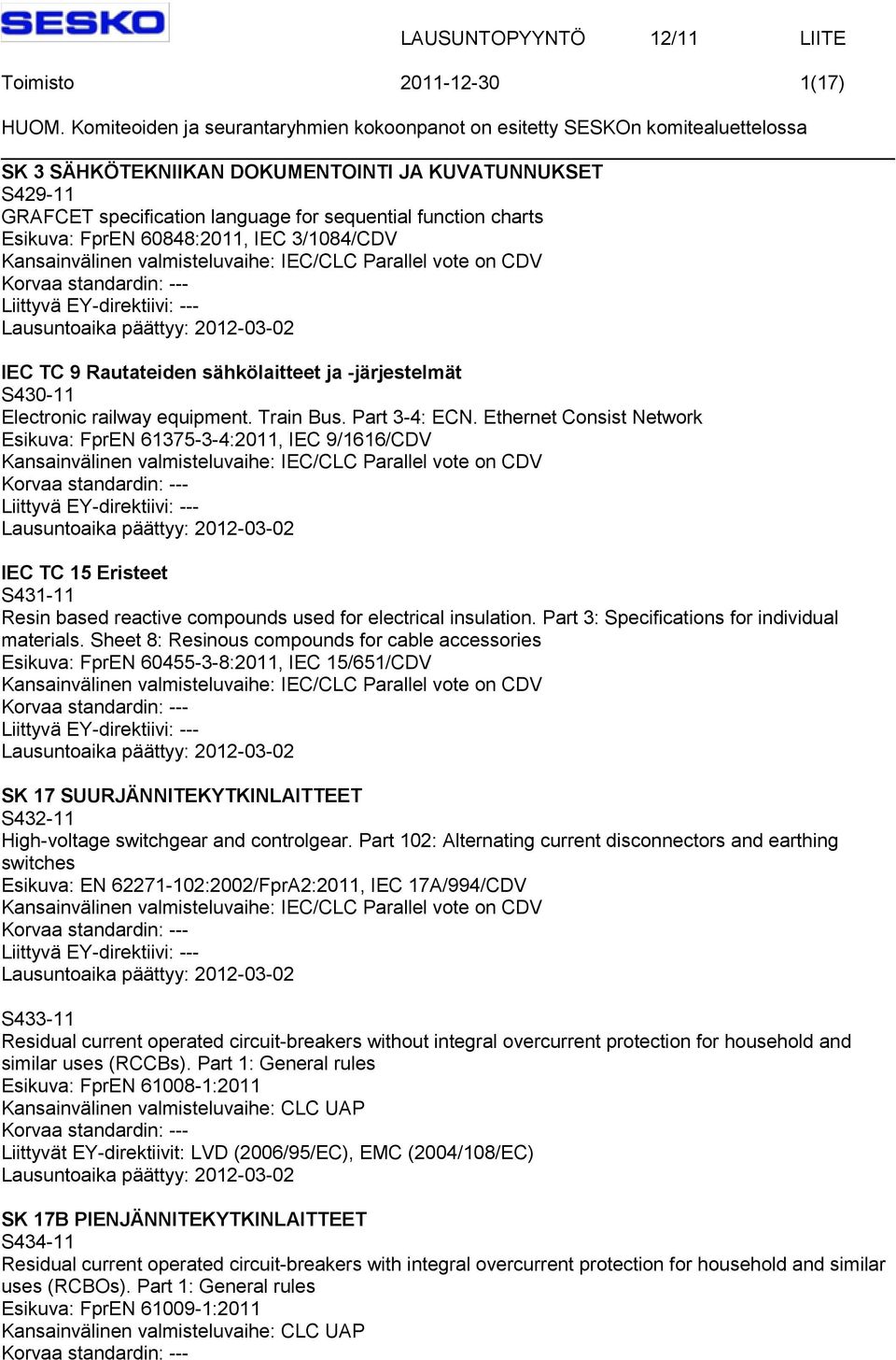 Ethernet Consist Network Esikuva: FprEN 61375-3-4:2011, IEC 9/1616/CDV IEC TC 15 Eristeet S431-11 Resin based reactive compounds used for electrical insulation.