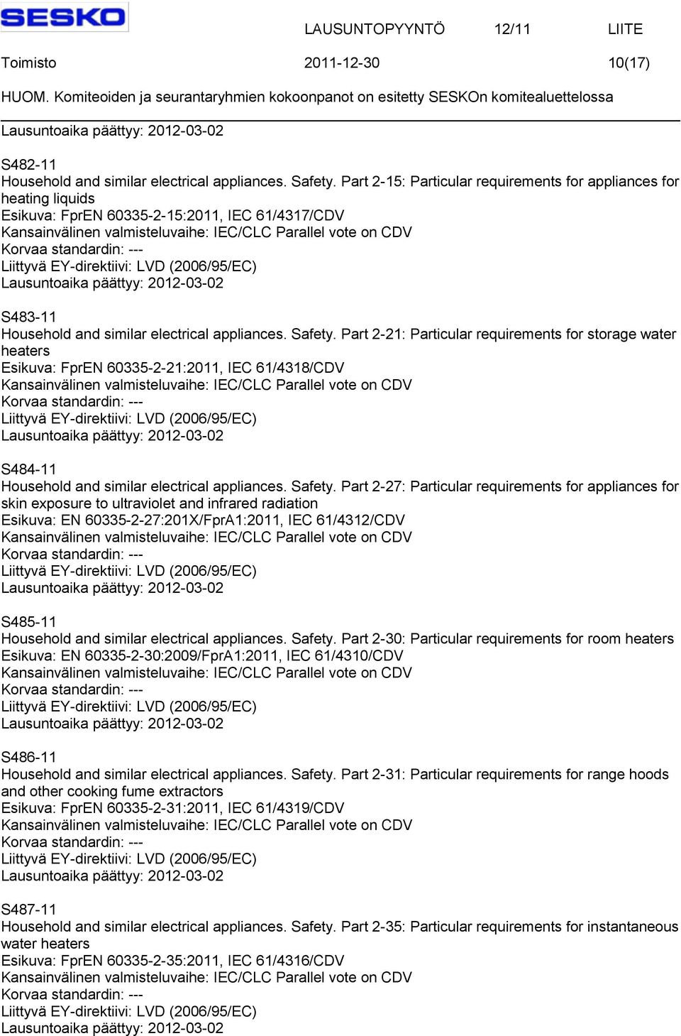 Part 2-21: Particular requirements for storage water heaters Esikuva: FprEN 60335-2-21:2011, IEC 61/4318/CDV S484-11 Household and similar electrical appliances. Safety.