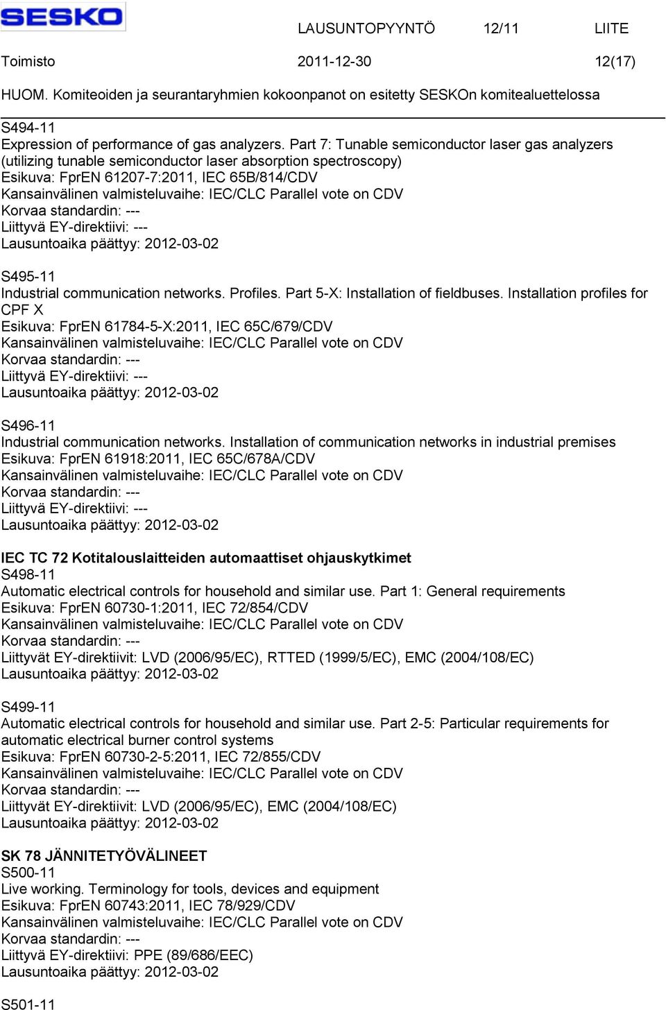 networks. Profiles. Part 5-X: Installation of fieldbuses. Installation profiles for CPF X Esikuva: FprEN 61784-5-X:2011, IEC 65C/679/CDV S496-11 Industrial communication networks.