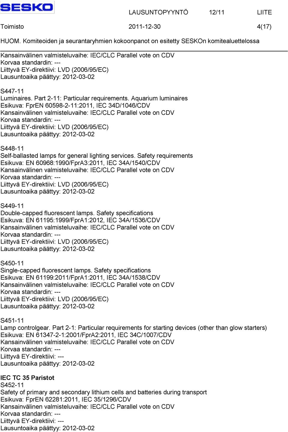 Safety requirements Esikuva: EN 60968:1990/FprA3:2011, IEC 34A/1540/CDV S449-11 Double-capped fluorescent lamps.