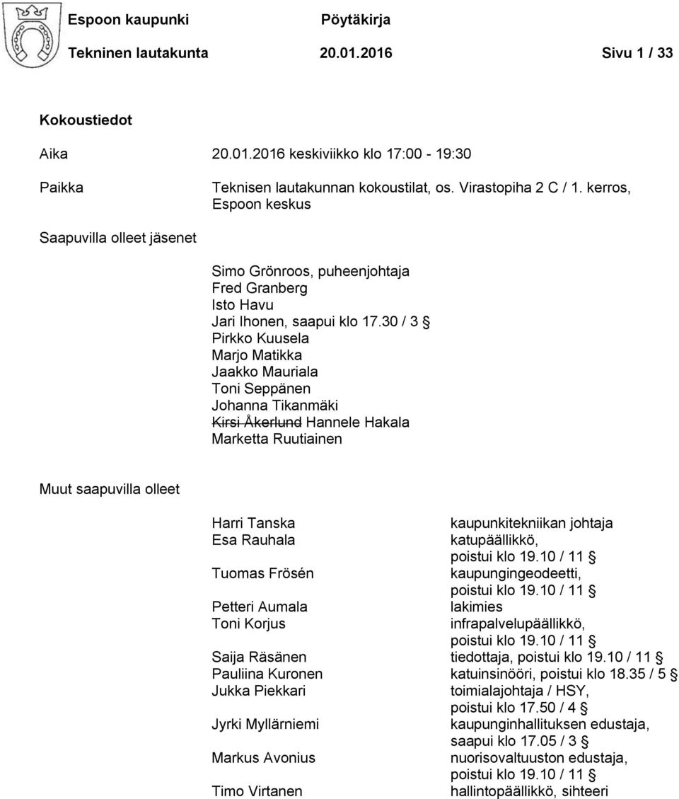 30 / 3 Pirkko Kuusela Marjo Matikka Jaakko Mauriala Toni Seppänen Johanna Tikanmäki Kirsi Åkerlund Hannele Hakala Marketta Ruutiainen Muut saapuvilla olleet Harri Tanska kaupunkitekniikan johtaja Esa