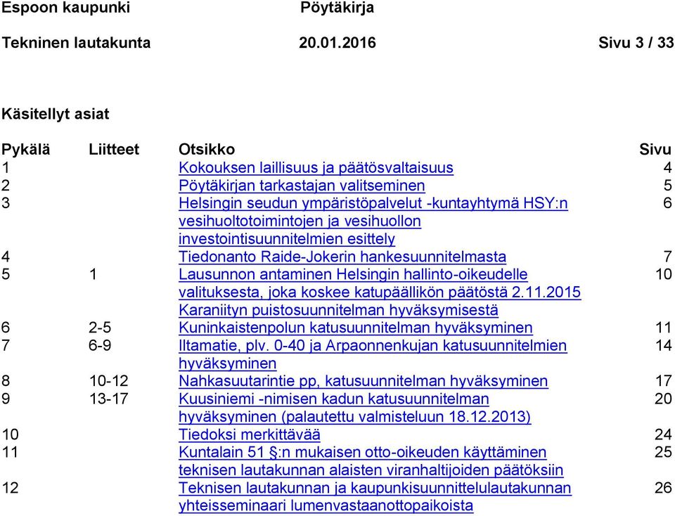HSY:n 6 vesihuoltotoimintojen ja vesihuollon investointisuunnitelmien esittely 4 Tiedonanto Raide-Jokerin hankesuunnitelmasta 7 5 1 Lausunnon antaminen Helsingin hallinto-oikeudelle 10 valituksesta,