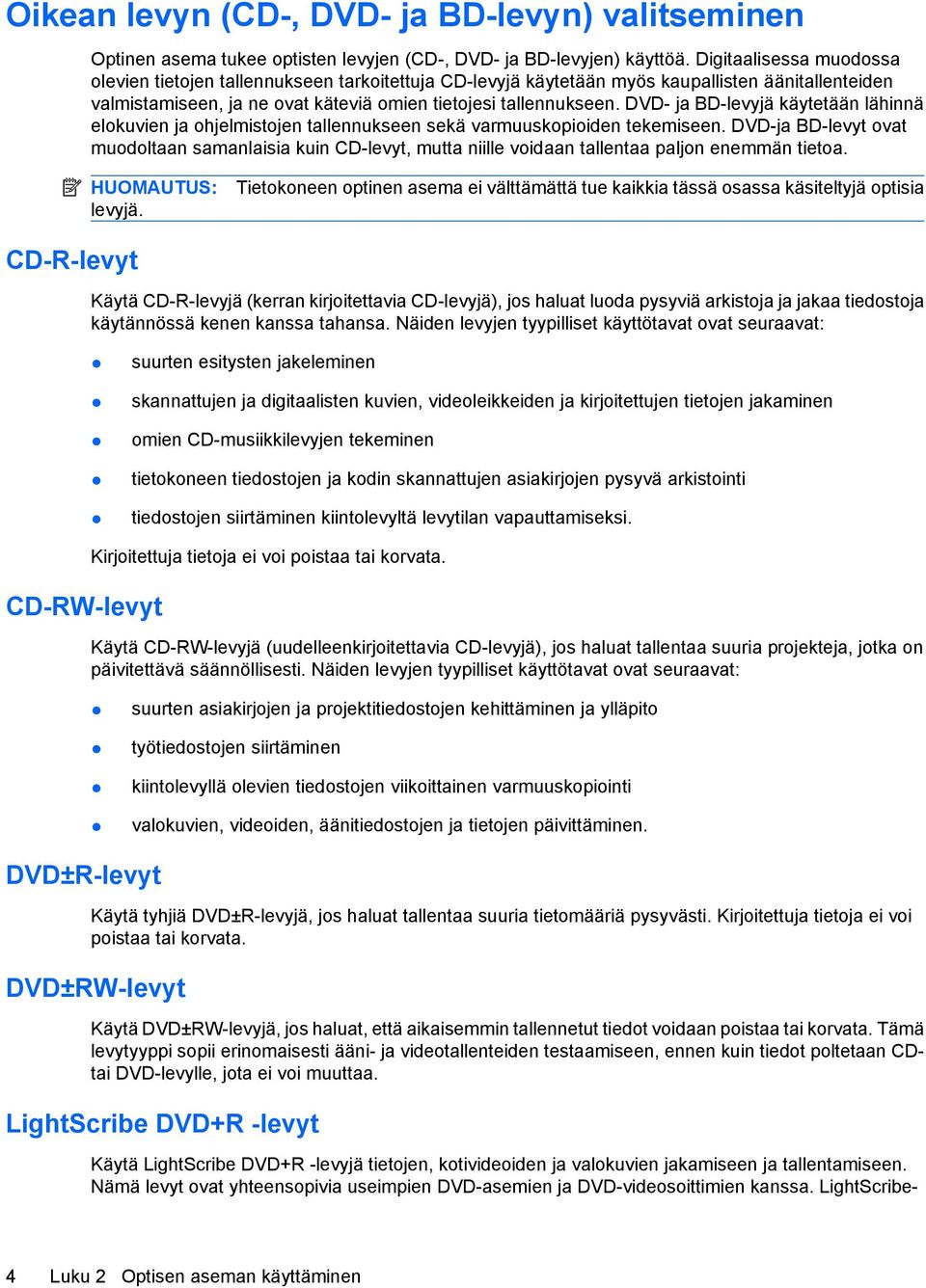 DVD- ja BD-levyjä käytetään lähinnä elokuvien ja ohjelmistojen tallennukseen sekä varmuuskopioiden tekemiseen.