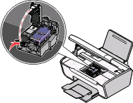 Värikasetin vaunu siirtyy ja pysähtyy vaihtoasentoon silloin, kun tulostin ei ole käytössä. 3 Nosta kasettivaunun kansi painamalla kasettivaunun salpaa. 4 Poista käytetty värikasetti.