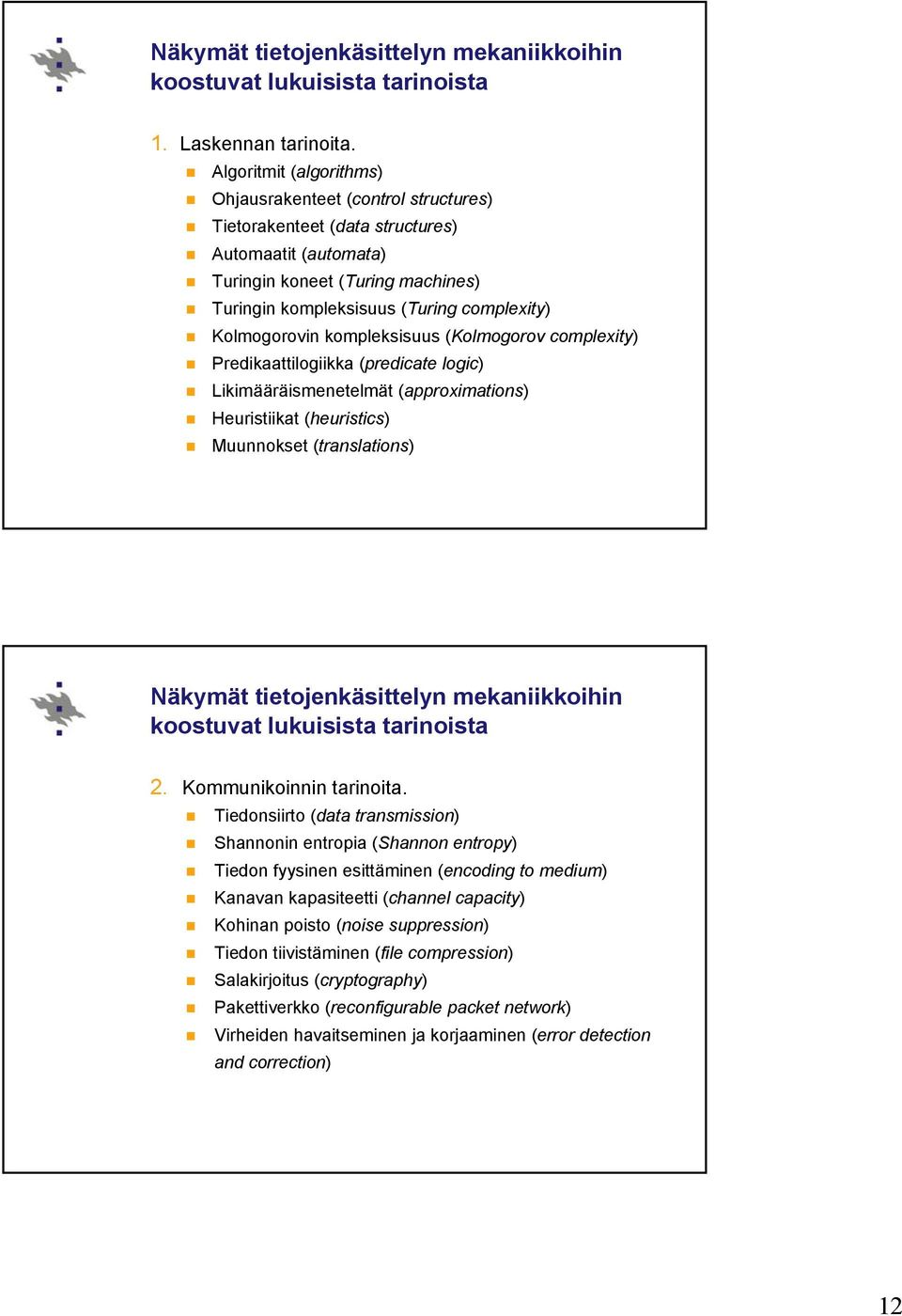Kolmogorovin kompleksisuus (Kolmogorov complexity) Predikaattilogiikka (predicate logic) Likimääräismenetelmät (approximations) Heuristiikat (heuristics) Muunnokset (translations) Näkymät