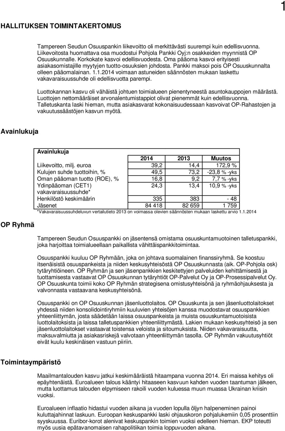 Oma pääoma kasvoi erityisesti asiakasomistajille myytyjen tuotto-osuuksien johdosta. Pankki maksoi pois OP Osuuskunnalta olleen pääomalainan. 1.