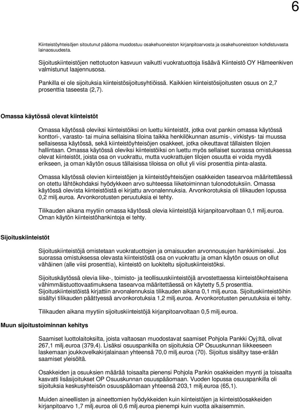 Kaikkien kiinteistösijoitusten osuus on 2,7 prosenttia taseesta (2,7).